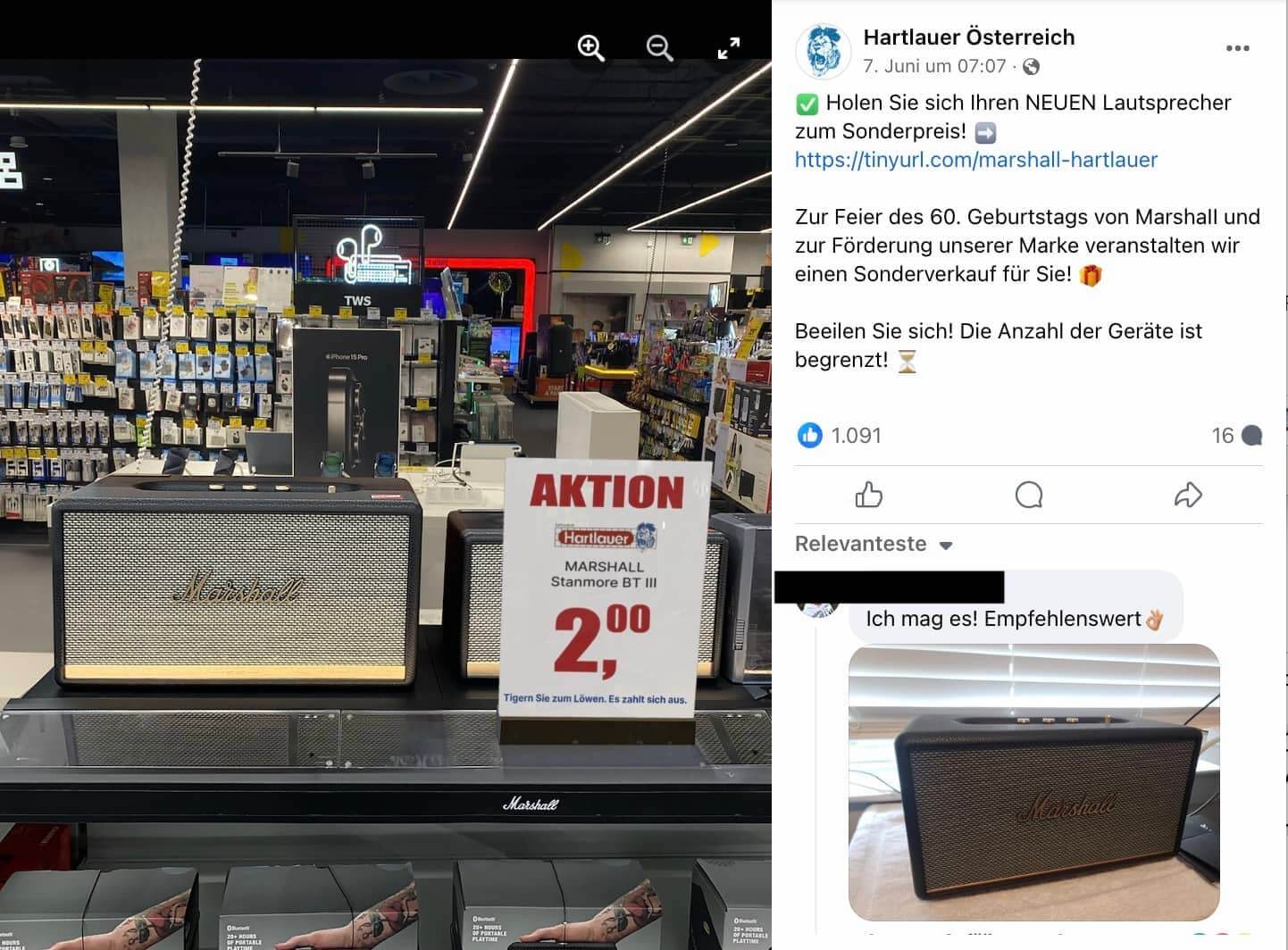 Fake-Seite auf Facebook: Hartlauer verkauft keine Marshall-Lautsprecher für zwei Euro